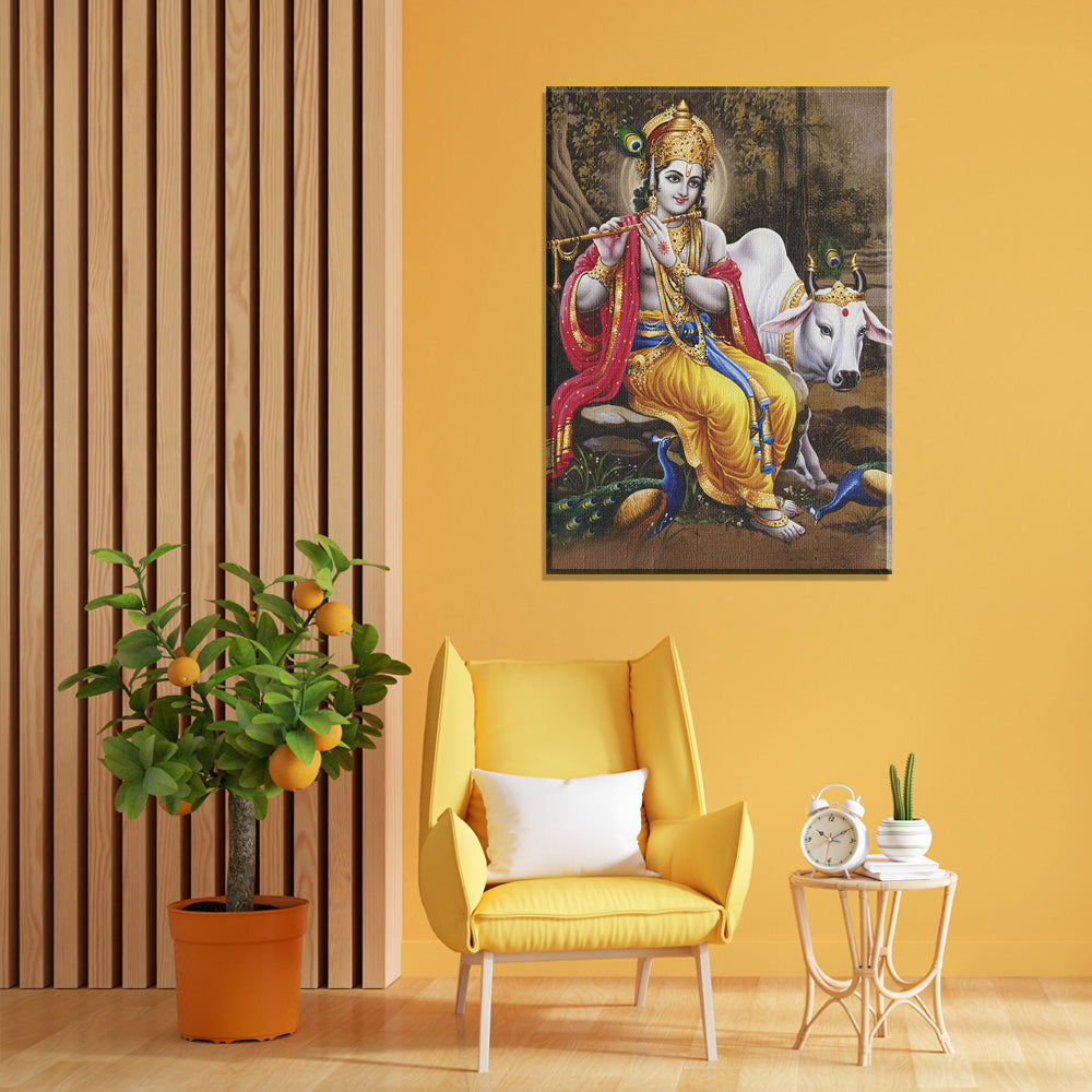 Lord Krishna Playing flute in jungle Canvas Painting