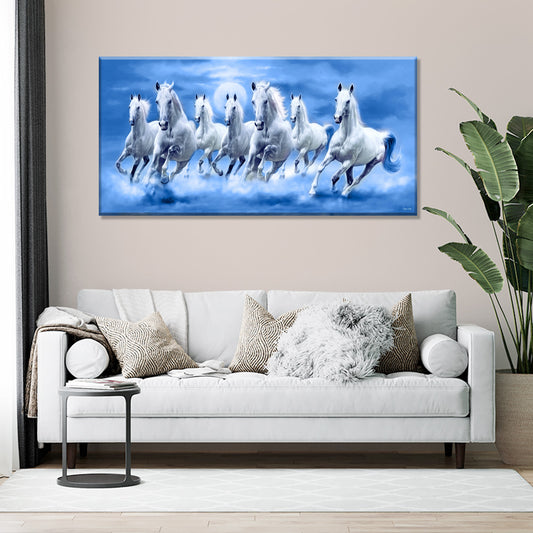 Seven Running Horses Blue theme Canvas Painting