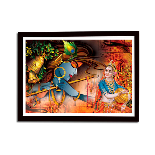 The Seven Colors Lord Krishna ji Playing Flute Wooden Frame Wall Art