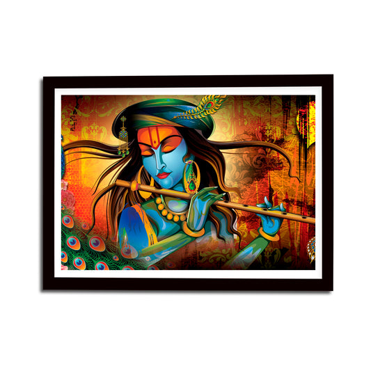 The Seven Colors Lord Krishna ji Playing Flute #2 Wooden Frame Wall Art